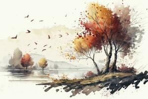 Autumn Landscape with Falling Leaves in Watercolors photo