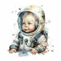 adorable bebé astronauta flotante en espacio acuarela ilustración en blanco antecedentes foto