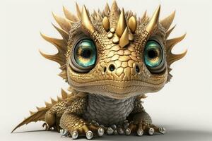 Adorable Baby Dragon with Golden Scales and Big Eyes in Dramatic Point of View photo