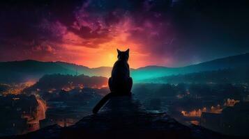 Magical Night with a Cat on the Roof photo