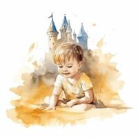 Whimsical Watercolor Baby Sand Castle on White Background photo