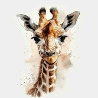 Adorable Baby Giraffe in Watercolor on White Background photo