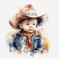 Adorable Baby Dressed as a Cowboy in Watercolor on White Background photo