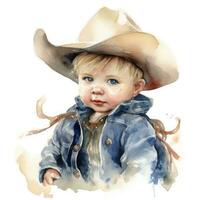 adorable bebé en vaquero disfraz acuarela ilustración en blanco antecedentes foto