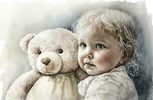 Adorable Baby Portrait with Soft Watercolor Hues and Stuffed Animal photo
