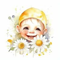 Sweet Baby Smiling with Daisy Theme on Watercolor White Background photo