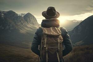 Adventurous Traveler Taking in the Scenic View from Behind photo