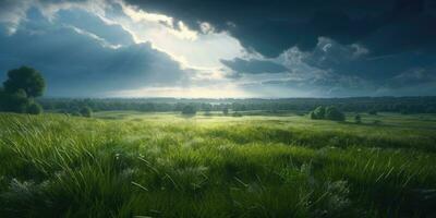 lozano prados en contra un nublado azul cielo paisaje Perfecto para naturaleza invitaciones generativo foto