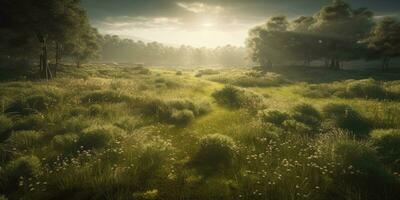 Serene Landscape of Lush Green Meadow with Cinematic Lighting photo