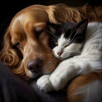 Feline and Canine Companions Cuddling Together photo