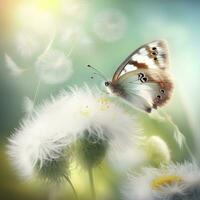 Graceful Butterfly and Fluffy Dandelions in the Sunlight photo