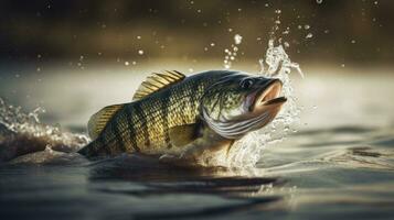 Leaping Bass Fish in River Water photo