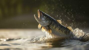 Leaping Bass Fish in River Water photo