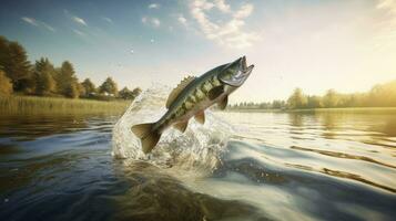 saltando bajo pescado en río agua Perfecto para pescar entusiastas generativo ai foto