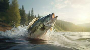 Leaping Bass Fish in River Water photo