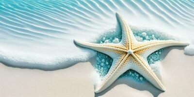 Beautiful Starfish on Pure White Sand and Blue Sea Water Beach Banner photo