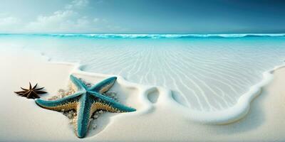 Beautiful Starfish on Pure White Sand and Blue Sea Water Beach Banner photo