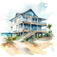 Serene Beach House Watercolor on White Background photo