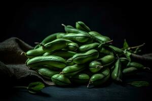 Green Beans on Black Background A Cinematic Shot with Incredible Detail photo