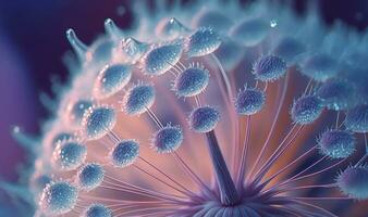 Dandelion Seed with Dew Drops on Soft Blue and Violet Background photo