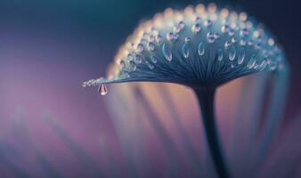 Dandelion Seed with Dew Drops on Soft Blue and Violet Background photo