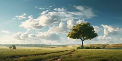 sereno paisaje con solitario árbol en lozano verde campos y azul cielo con blanco nubes foto