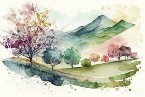 Pastel Spring Hills Watercolor Landscape photo