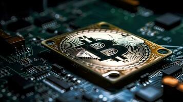 digital moneda en el circuito bitcoin chip en computadora foto