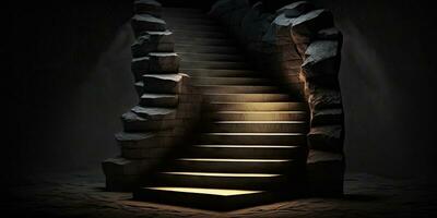 Mysterious Stone Stairs with Abstract Light Steps in the Dark photo