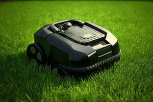 Robotic Lawnmower Cutting Fresh Green Grass photo