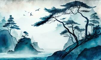 brumoso azul costero paisaje en tradicional oriental tinta pintura estilo foto