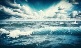 Ethereal Blue Sea with Soft Waves and Cloudy Sky Background photo