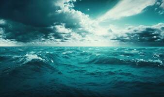 Ethereal Blue Sea with Soft Waves and Cloudy Sky Background photo