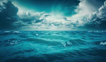 Ethereal Blue Sea with Soft Waves and Cloudy Sky Background photo
