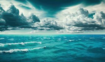 Ethereal Blue Sea with Soft Waves and Cloudy Sky Background photo