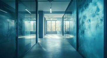 Indigo and Aquamarine Glass Door Interior in a Blurred Office Setting photo