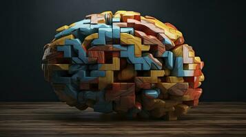 Wooden Puzzle Blocks Forming a Brain Shape for Logical Thinking Concept photo