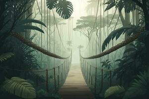 Misty Jungle Bridge A Suspended Rope Bridge in a Lush Tropical Rainforest photo