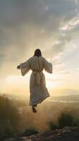 Resurrected Jesus Christ in White Attire Suspended in Air photo