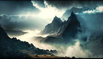 Majestic Mountain Landscape with Fog and Clouds photo