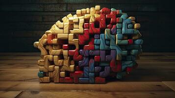 Wooden Puzzle Blocks Forming a Brain Shape for Logical Thinking Concept photo