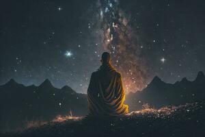 Meditating Buddhist Monk Under Starry Night Sky  Harnessing the Power of Meditation photo