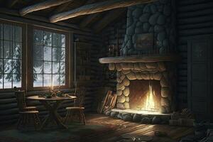 Cozy Winter Cabin Interior with Fireplace photo