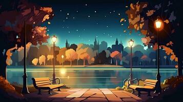 iluminado parque por el río con dibujos animados bancos foto