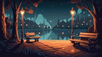 Illuminated Park by the River with Cartoon Benches photo