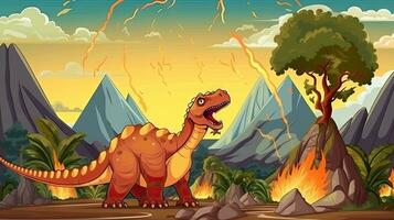 prehistórico dibujos animados escena con un alegre tiranosaurio rex y diplodocus cerca un en erupción volcán foto