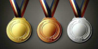 dorado medalla con cinta celebrar tu victorias con oro plata y bronce premios foto