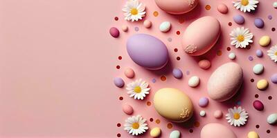 Colorful Easter Eggs on Soft Pink Background from Above photo