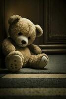 Lonely Teddy Bear on the Floor  Symbol of Solitude and Sadness for Greeting Cards and Posters photo