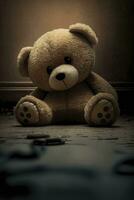 Lonely Teddy Bear on the Floor  Symbol of Solitude and Sadness for Greeting Cards and Posters photo